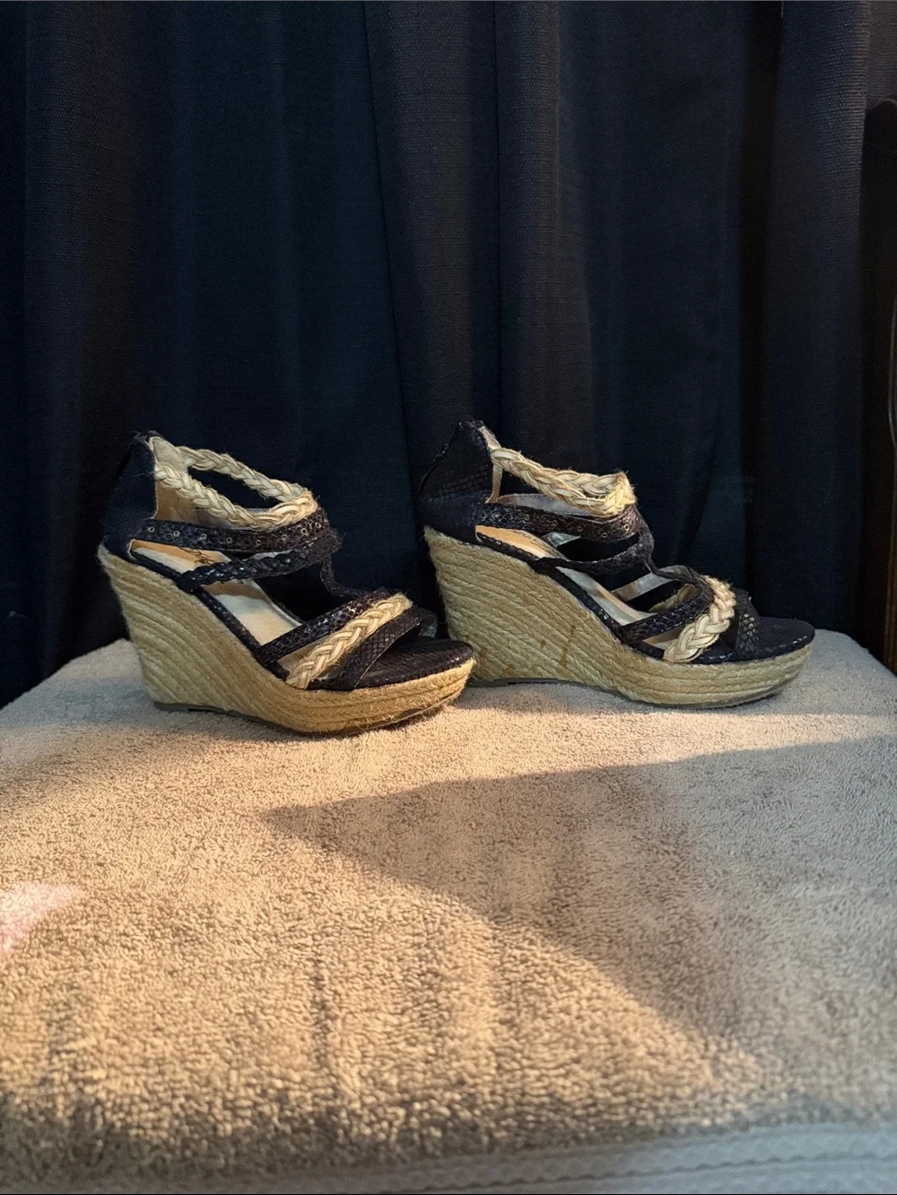 DbDk Fashion Black Woven Espadrille Wedge Sandals with Natural Braided Trim